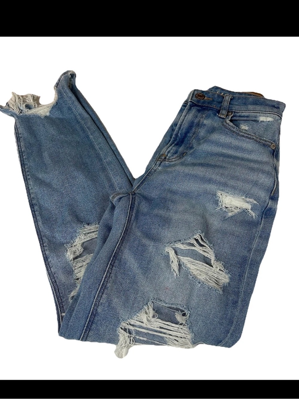American Eagle Women’s Size 00 LONG Mom Jeans Distressed Stretch Light Wash 1483